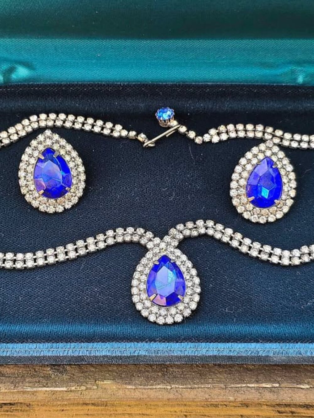 Vintage Faux Blue Sapphire Pear Teardrop Rhinestone Necklace & Earring Set
